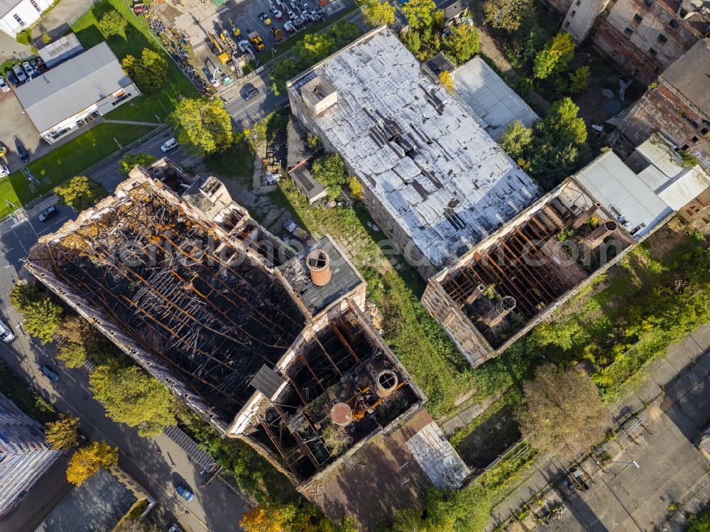 Dresden from above - Burnt-out ruins of the old malt factory in Dresden in the state of Saxony, Germany