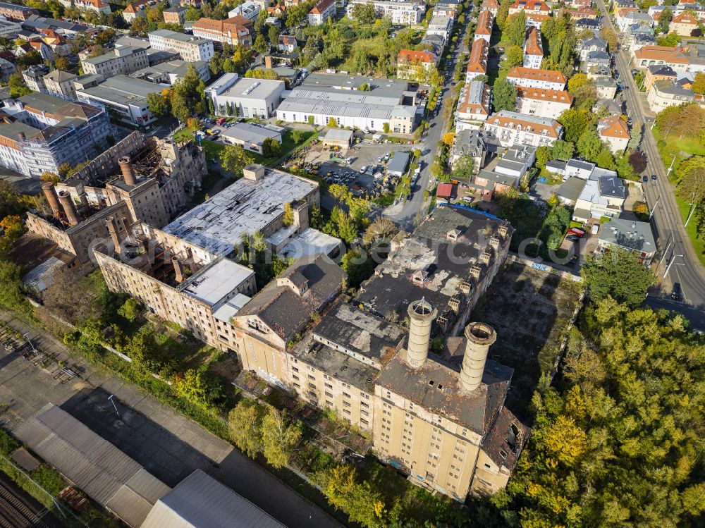 Dresden from the bird's eye view: Burnt-out ruins of the old malt factory in Dresden in the state of Saxony, Germany