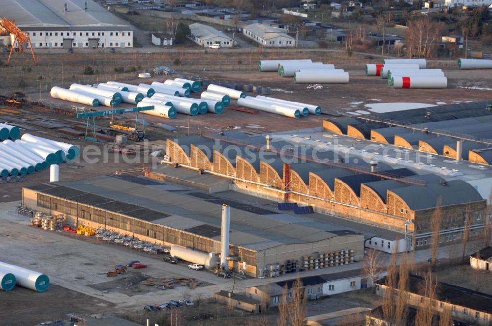 Aerial photograph Gräfenhainichen - Werksgelände der AMBAU GmbH, Hersteller für Stahlrohrtürme und Stahlfundamenten, in Gräfenhainichen in Sachsen-Anhalt. Plant grounds of the Ambau Company, a manufacturer of steel tube towers and steel bases, in Graefenhainichen in Saxony-Anhalt.