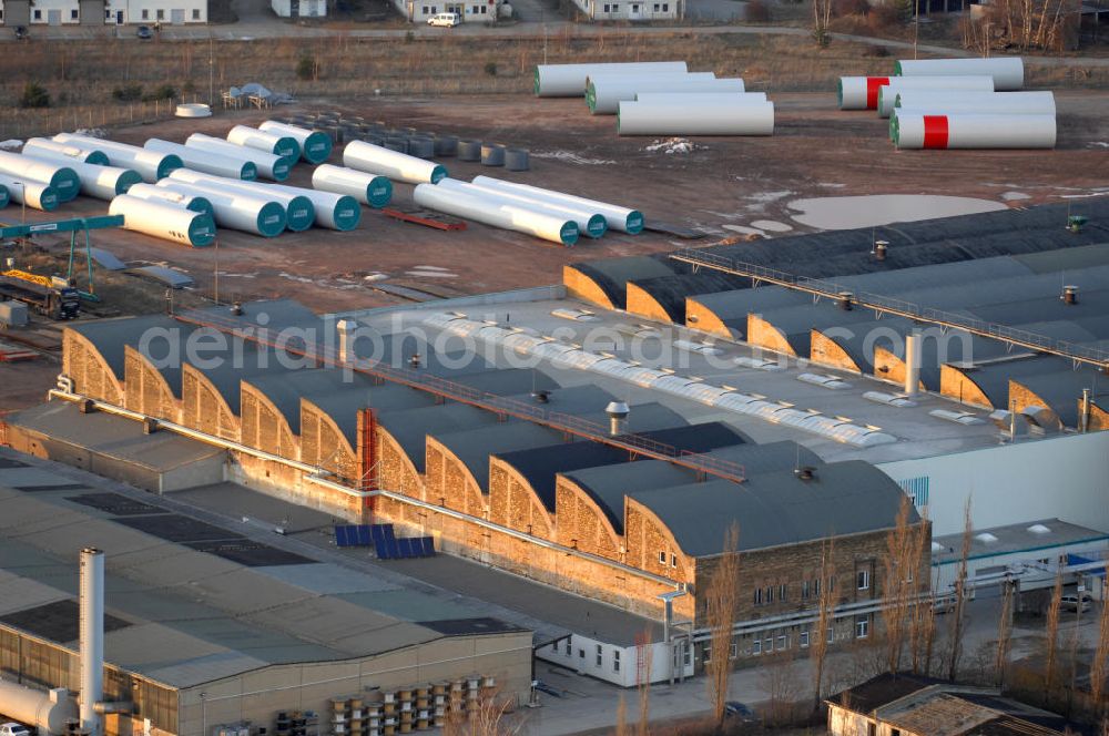 Gräfenhainichen from above - Werksgelände der AMBAU GmbH, Hersteller für Stahlrohrtürme und Stahlfundamenten, in Gräfenhainichen in Sachsen-Anhalt. Plant grounds of the Ambau Company, a manufacturer of steel tube towers and steel bases, in Graefenhainichen in Saxony-Anhalt.