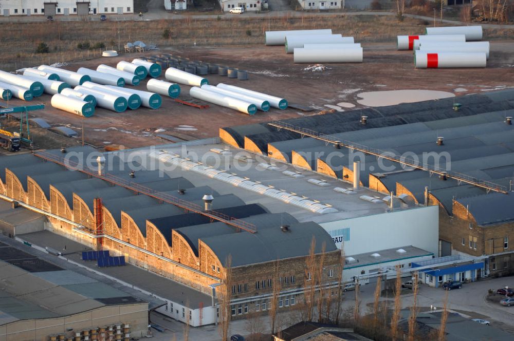 Gräfenhainichen from the bird's eye view: Werksgelände der AMBAU GmbH, Hersteller für Stahlrohrtürme und Stahlfundamenten, in Gräfenhainichen in Sachsen-Anhalt. Plant grounds of the Ambau Company, a manufacturer of steel tube towers and steel bases, in Graefenhainichen in Saxony-Anhalt.