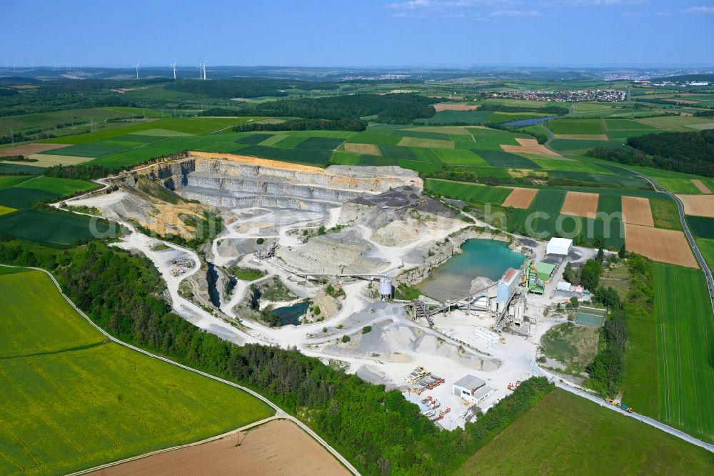 Waldbüttelbrunn from above - Building and production halls on the premises AMW | Asphaltmischwerk Rossbrunn in Waldbuettelbrunn in the state Bavaria, Germany