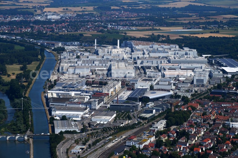 Heilbronn from above - Buildings and production halls on the vehicle construction site of Audi AG on river Neckar in Heilbronn in the state Baden-Wurttemberg, Germany