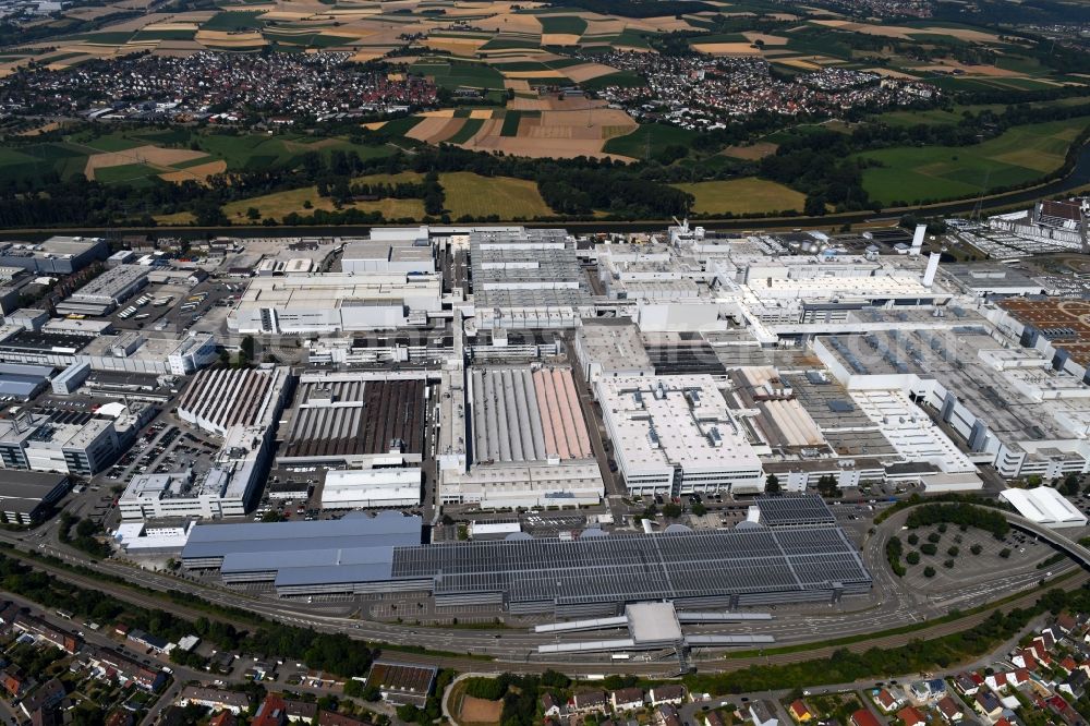 Heilbronn from above - Buildings and production halls on the vehicle construction site of Audi AG on river Neckar in Heilbronn in the state Baden-Wurttemberg, Germany