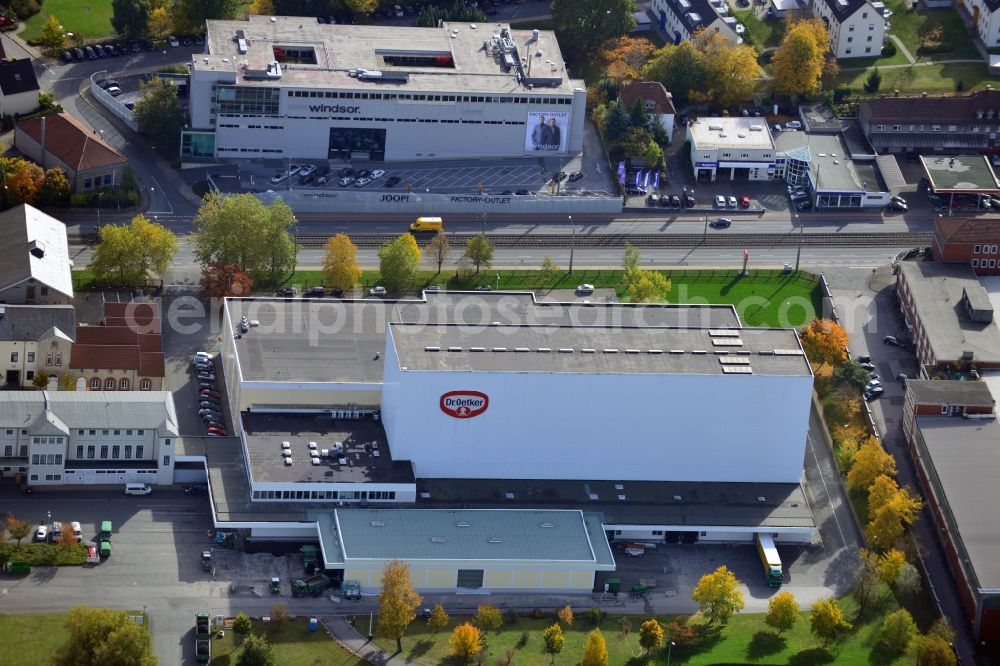 Bielefeld from the bird's eye view: View onto the business premises of the Dr. August Oetker KG in Bielefeld in the state North Rhine-Westphalia. The Dr. August Oetker KG is a German company that produces groceries. It is on of the largest international acting german family businesses