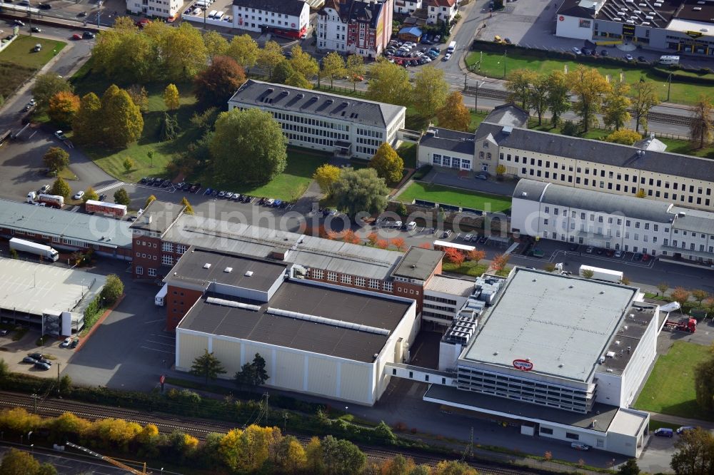 Aerial photograph Bielefeld - View onto the business premises of the Dr. August Oetker KG in Bielefeld in the state North Rhine-Westphalia. The Dr. August Oetker KG is a German company that produces groceries. It is on of the largest international acting german family businesses