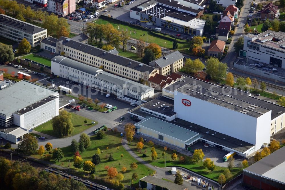 Bielefeld from above - View onto the business premises of the Dr. August Oetker KG in Bielefeld in the state North Rhine-Westphalia. The Dr. August Oetker KG is a German company that produces groceries. It is on of the largest international acting german family businesses