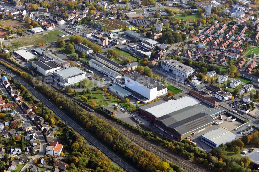 Aerial image Bielefeld - View onto the business premises of the Dr. August Oetker KG in Bielefeld in the state North Rhine-Westphalia. The Dr. August Oetker KG is a German company that produces groceries. It is on of the largest international acting german family businesses