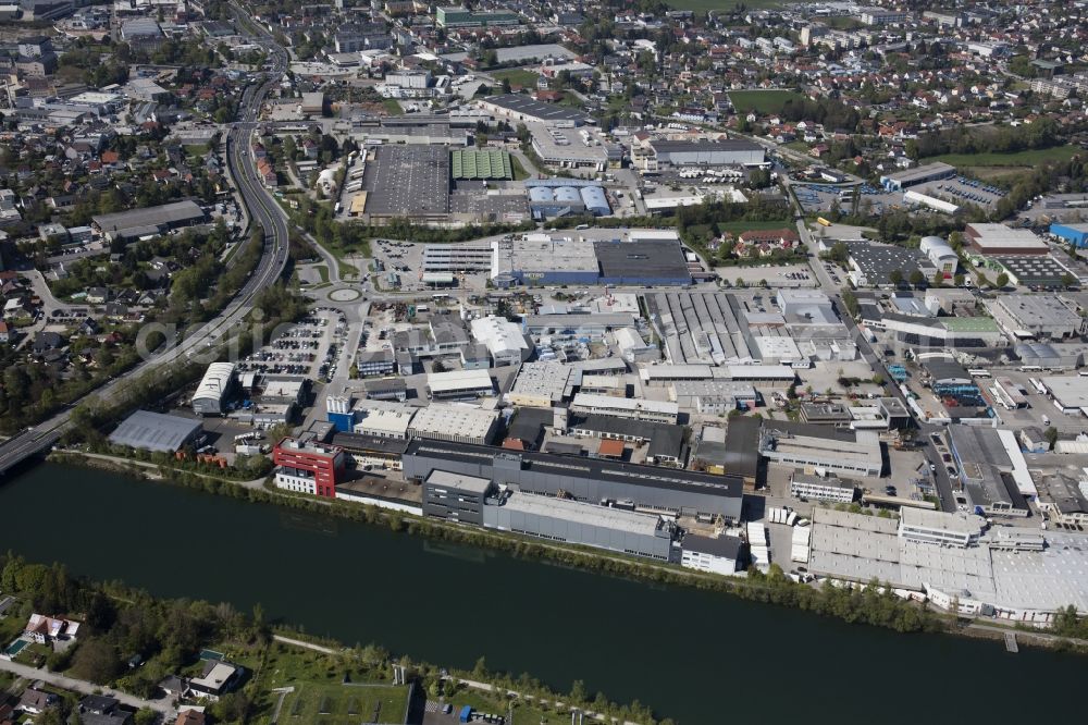 Wels from above - Building and production halls on the premises of Avenarius-Agro GmbH on Industriestrasse in Wels in Oberoesterreich, Austria