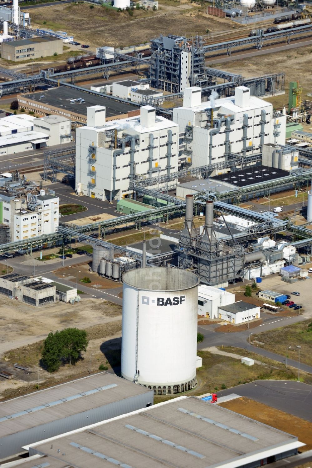 Schwarzheide from above - View of factory premises of BASF Schwarzheide GmbH in Brandenburg