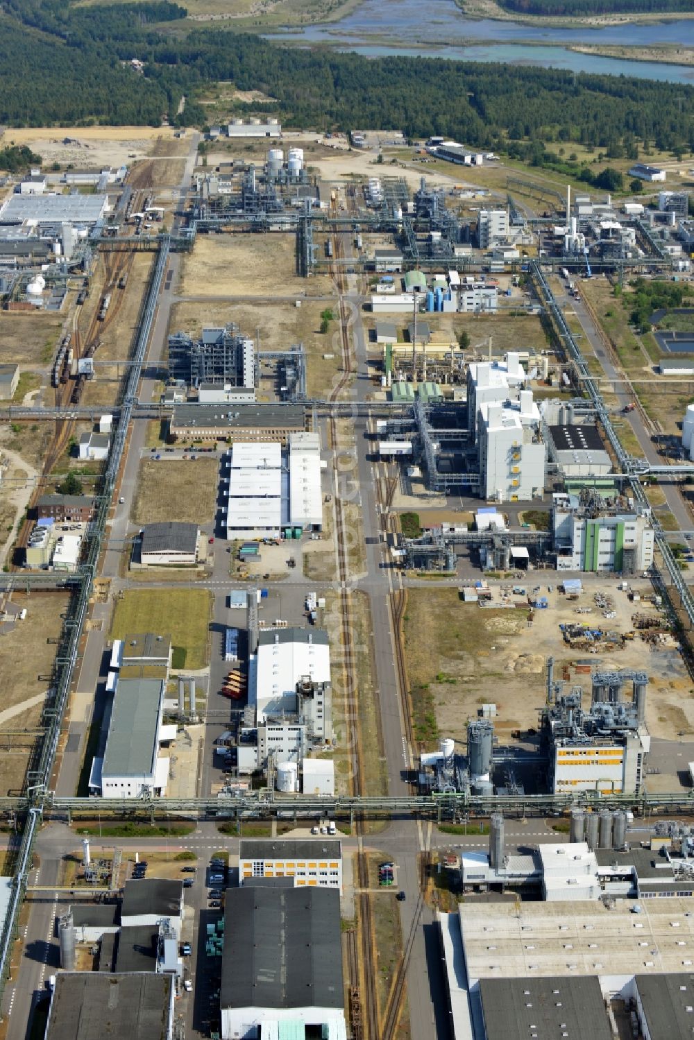 Schwarzheide from above - View of factory premises of BASF Schwarzheide GmbH in Brandenburg