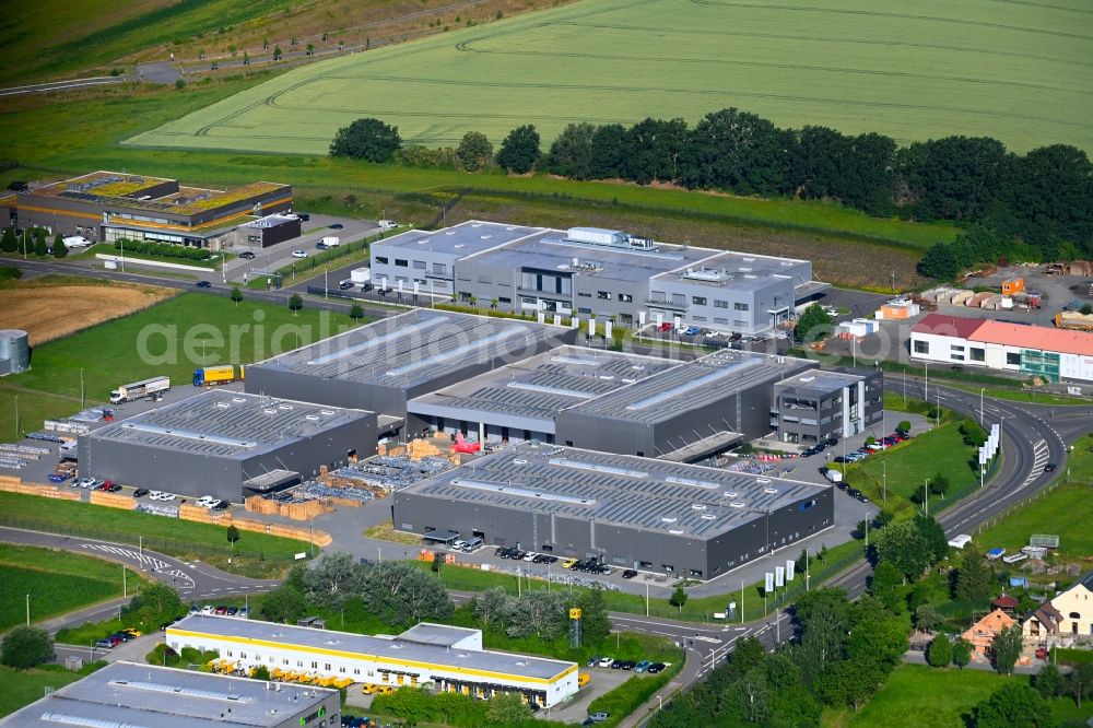 Glauchau from above - Building and production halls on the premises Batterien GmbH on Siemensstrasse in the district Lipprandis in Glauchau in the state Saxony, Germany