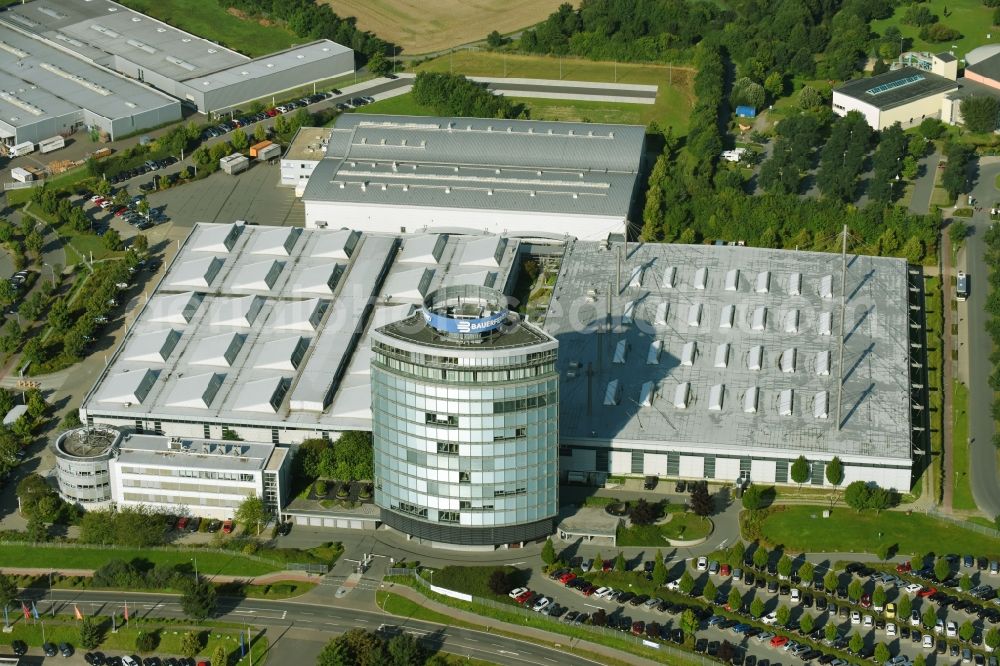 Zeulenroda from above - Building and production halls on the premises of Bauerfeind AG on Triebeser Strasse in Zeulenroda in the state Thuringia, Germany