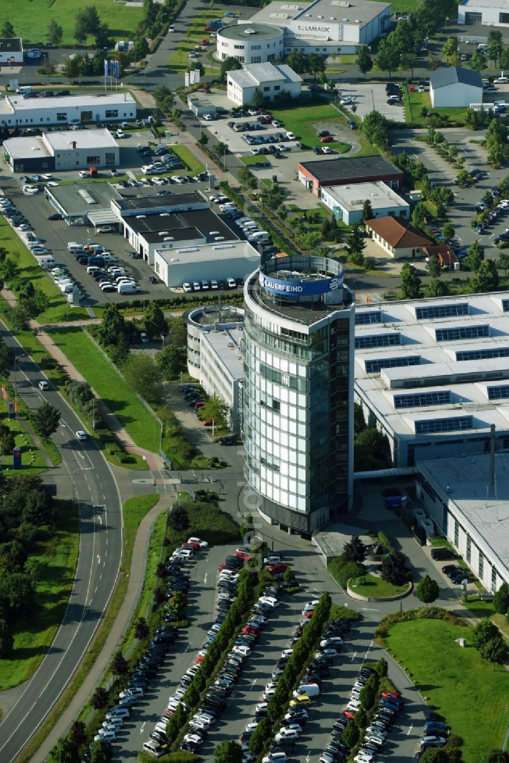 Aerial image Zeulenroda - Building and production halls on the premises of Bauerfeind AG on Triebeser Strasse in Zeulenroda in the state Thuringia, Germany