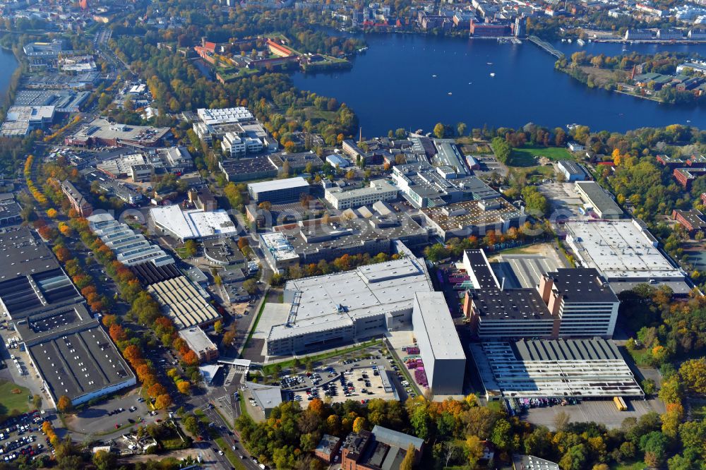 Berlin from above - Factory area of the Bayerische Motoren Werke of BMW AG motorcycle plant at the Juliusturm in the district of Spandau in Berlin, Germany