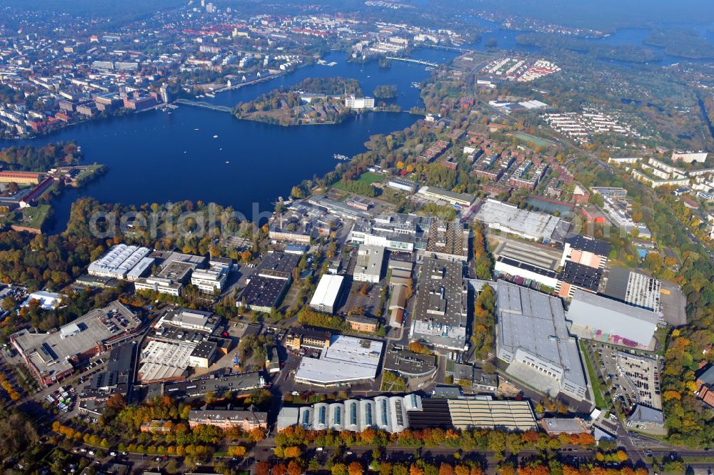 Berlin from the bird's eye view: Factory area of the Bayerische Motoren Werke of BMW AG motorcycle plant at the Juliusturm in the district of Spandau in Berlin, Germany