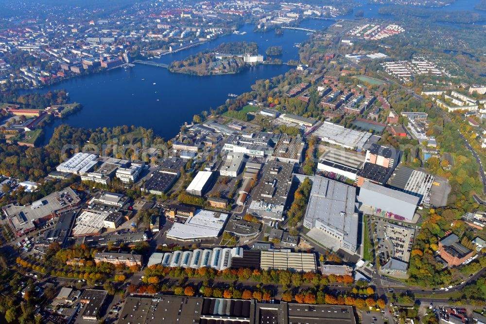 Aerial image Berlin - Factory area of the Bayerische Motoren Werke of BMW AG motorcycle plant at the Juliusturm in the district of Spandau in Berlin, Germany