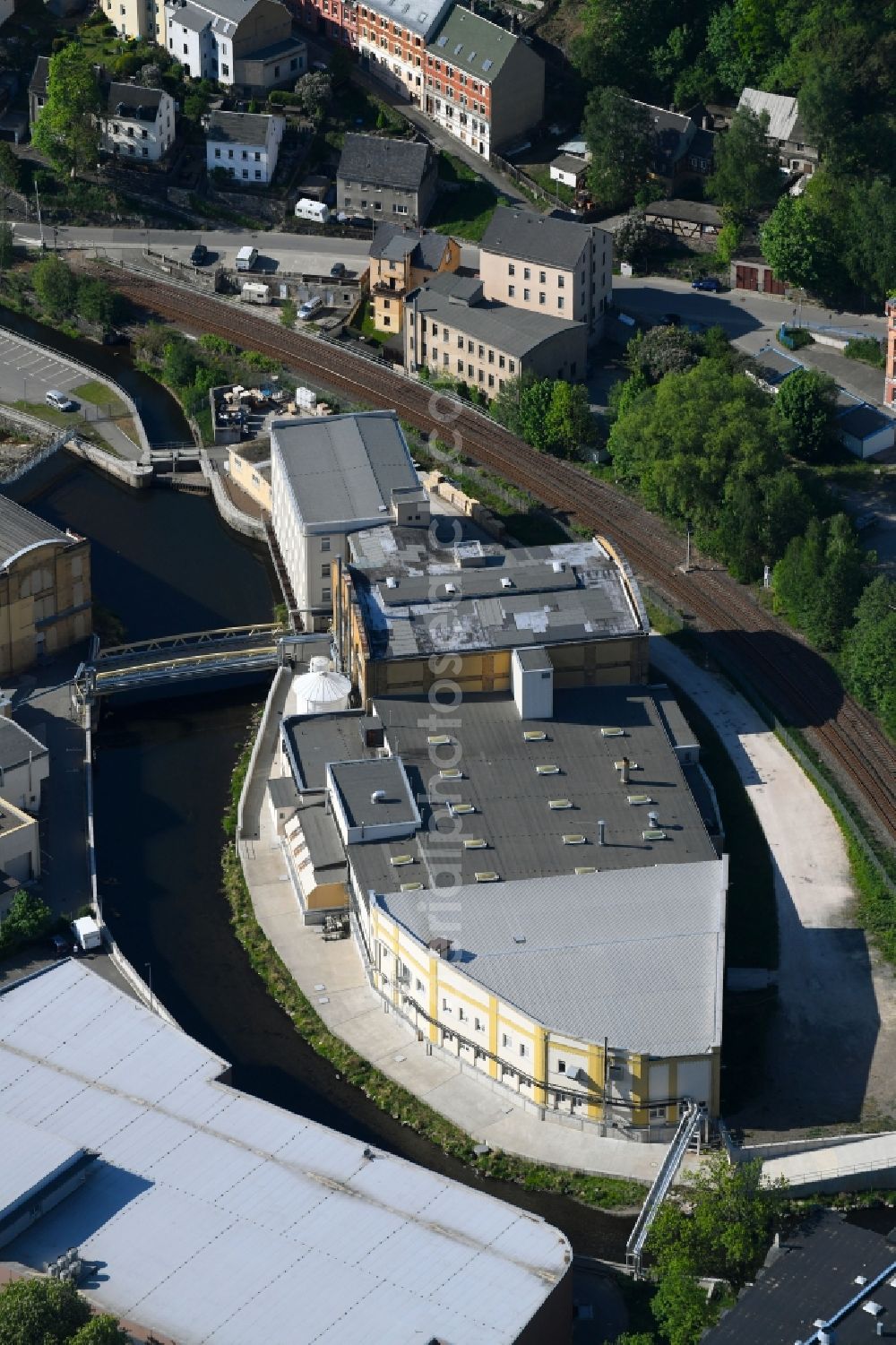 Aerial image Aue - Buildings and production halls on the premises of the bedding manufacturer of Curt Bauer GmbH in Aue in the federal state of Saxony, Germany