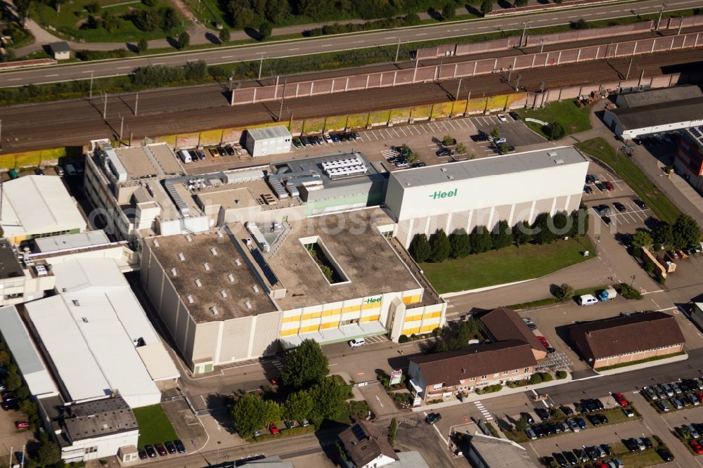 Baden-Baden from above - Building and production halls on the premises of Biologische Heilmittel Heel GmbH Dr.-Reckeweg-Strasse in the district Oos in Baden-Baden in the state Baden-Wuerttemberg