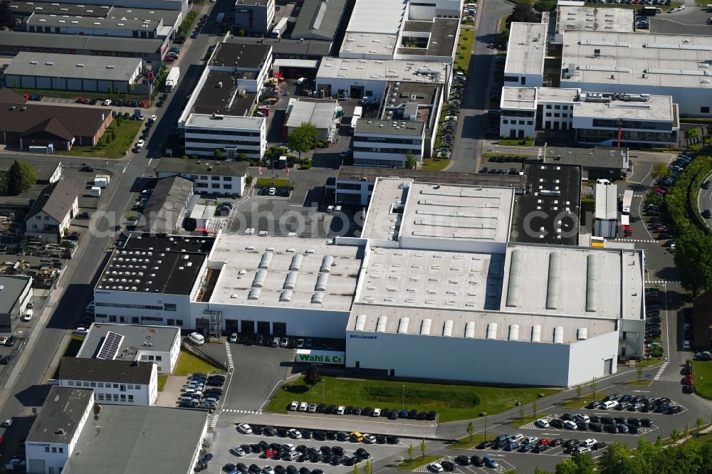 Bielefeld from above - Building and production halls on the premises of Boellhoff Gruppe in Bielefeld in the state North Rhine-Westphalia, Germany