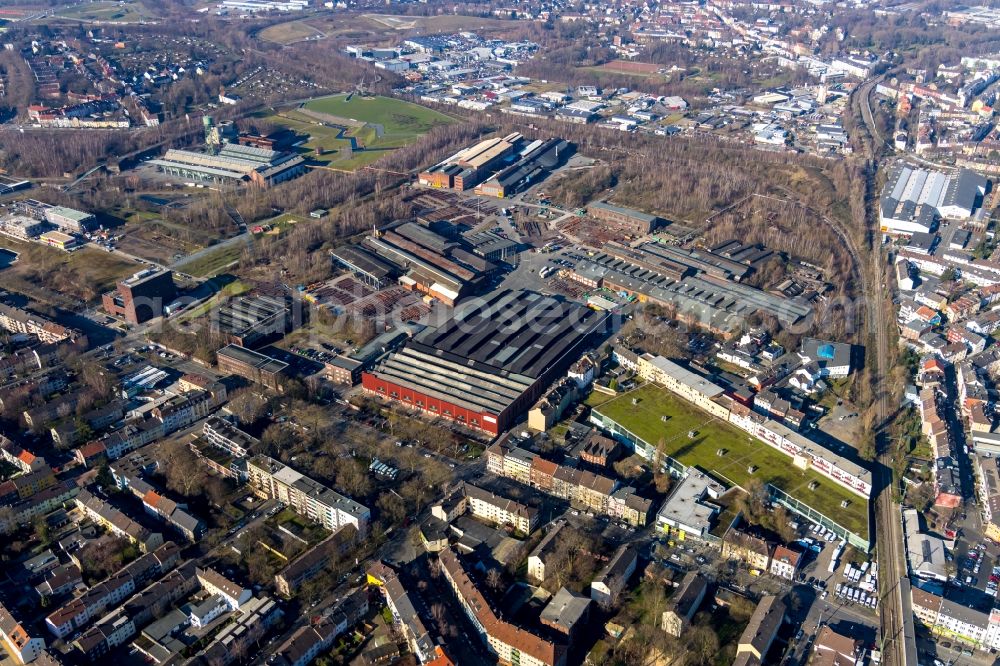 Bochum from the bird's eye view: Building and production halls on the premises of Bochumer Verein Verkehrstechnik GmbH on Alleestrasse in Bochum in the state North Rhine-Westphalia, Germany