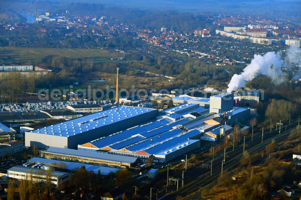 Boizenburg/Elbe from the bird's eye view: Building and production halls on the premises of Boizenburg Fliesen GmbH on Bahnhofstrasse in the district Bahlen in Boizenburg/Elbe in the state Mecklenburg - Western Pomerania, Germany