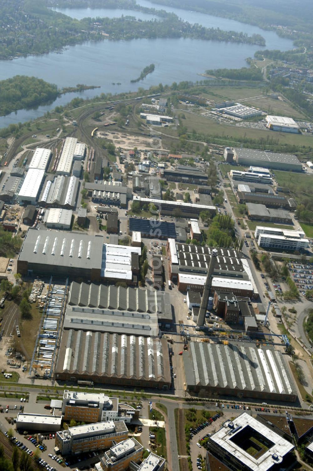 HENNIGSDORF from above - Blick auf das Werksgelände der Bombardier Transportation. Im Jahr 2001 erfolgte die Übernahme von ABB Daimler Benz Transportation (Adtranz).