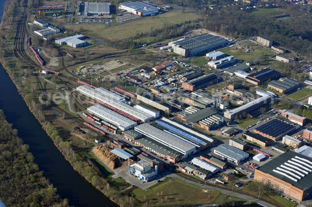 Hennigsdorf from above - Premises of Bombardier Transportation for rail vehicles and locomotives in Hennigdorf in Brandenburg