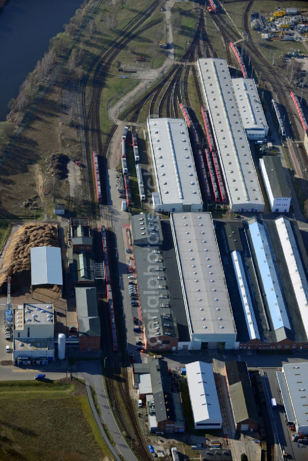 Hennigsdorf from the bird's eye view: Premises of Bombardier Transportation for rail vehicles and locomotives in Hennigdorf in Brandenburg