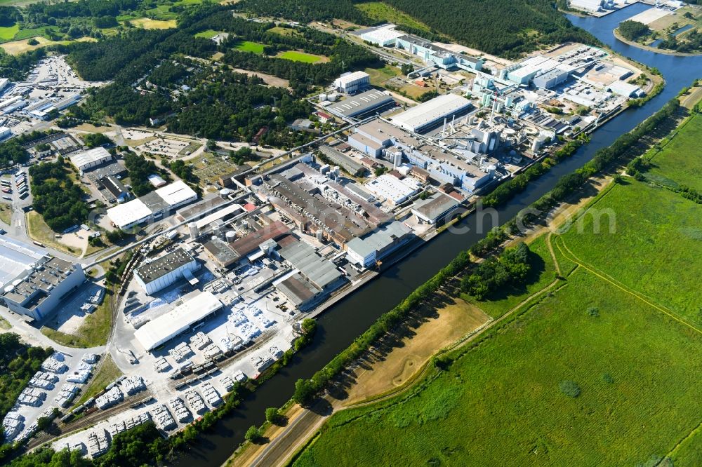 Schwedt/Oder from above - Building and production halls on the premises of BTS - Brandenburger Tapeten Schwedt GmbH on Kuhheide in the district Vierraden in Schwedt/Oder in the state Brandenburg, Germany