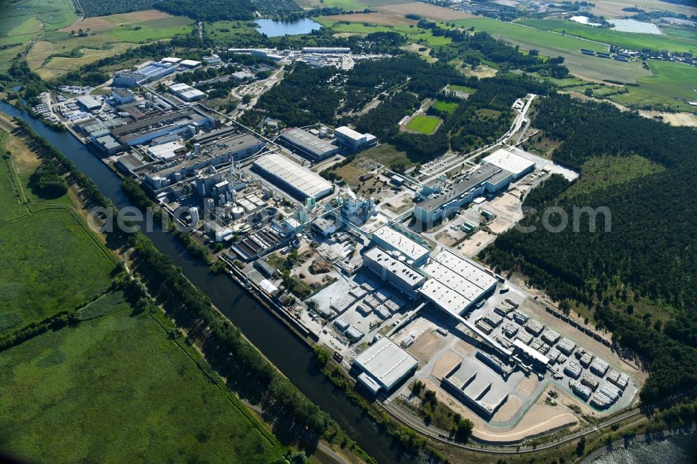 Schwedt/Oder from above - Building and production halls on the premises of BTS - Brandenburger Tapeten Schwedt GmbH on Kuhheide in the district Vierraden in Schwedt/Oder in the state Brandenburg, Germany