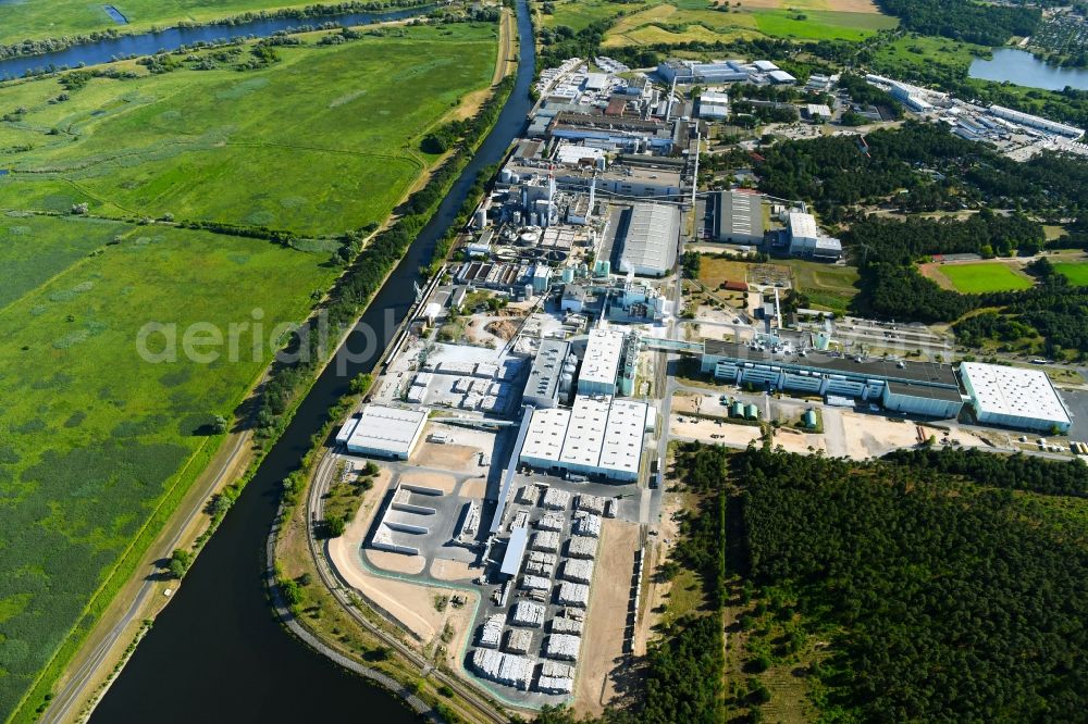 Schwedt/Oder from above - Building and production halls on the premises of BTS - Brandenburger Tapeten Schwedt GmbH on Kuhheide in the district Vierraden in Schwedt/Oder in the state Brandenburg, Germany