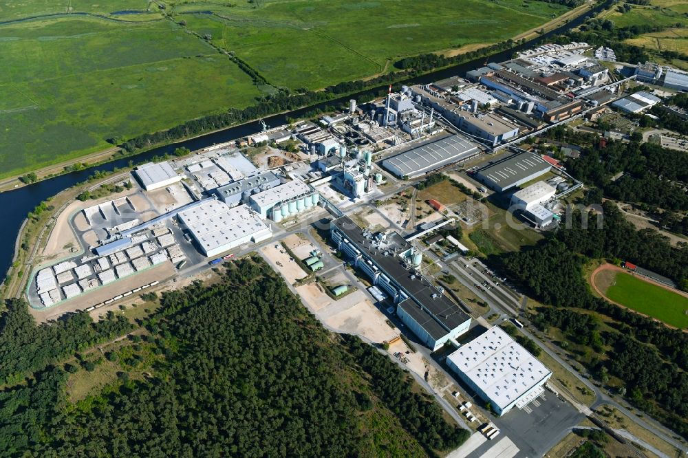 Schwedt/Oder from above - Building and production halls on the premises of BTS - Brandenburger Tapeten Schwedt GmbH on Kuhheide in the district Vierraden in Schwedt/Oder in the state Brandenburg, Germany