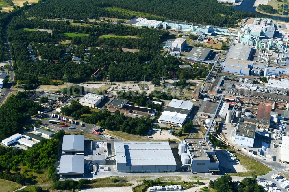 Schwedt/Oder from the bird's eye view: Building and production halls on the premises of BTS - Brandenburger Tapeten Schwedt GmbH on Kuhheide in the district Vierraden in Schwedt/Oder in the state Brandenburg, Germany