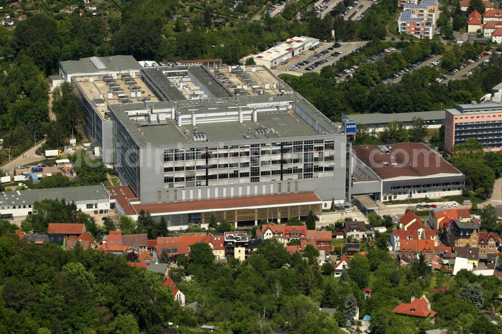 Aerial image Jena - Building and production halls on the premises of Carl Zeiss Microscopy GmbH on Carl-Zeiss-Promenade in Jena in the state Thuringia, Germany