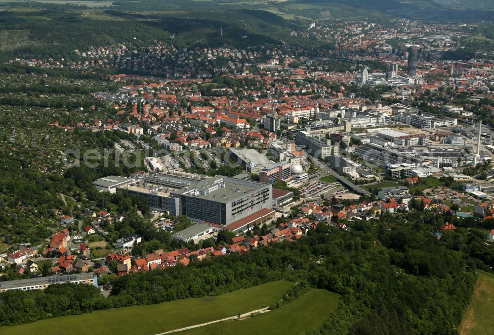 Aerial photograph Jena - Building and production halls on the premises of Carl Zeiss Microscopy GmbH on Carl-Zeiss-Promenade in Jena in the state Thuringia, Germany