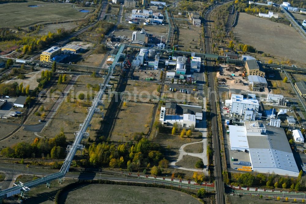 Bitterfeld-Wolfen from above - Building and production halls on the premises of the chemical manufacturers in the district Greppin in Bitterfeld-Wolfen in the state Saxony-Anhalt, Germany