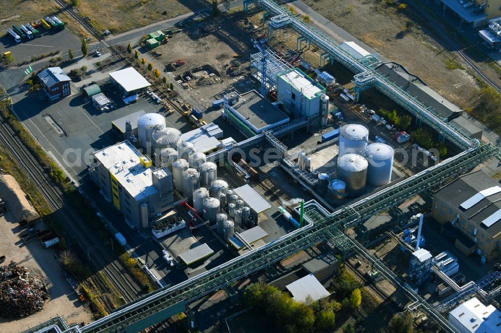 Bitterfeld-Wolfen from above - Building and production halls on the premises of the chemical manufacturers in the district Greppin in Bitterfeld-Wolfen in the state Saxony-Anhalt, Germany