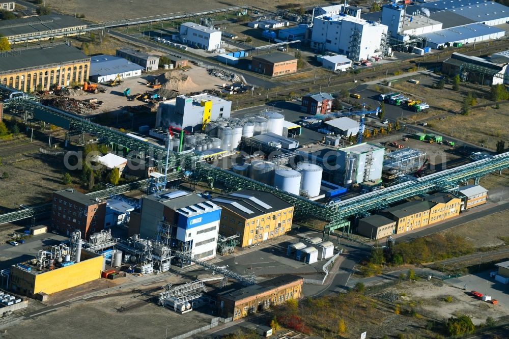 Bitterfeld-Wolfen from above - Building and production halls on the premises of the chemical manufacturers in the district Greppin in Bitterfeld-Wolfen in the state Saxony-Anhalt, Germany