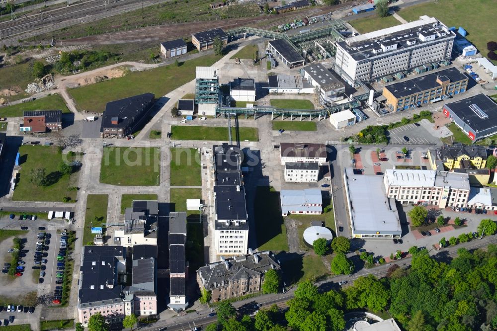 Radebeul from above - Building and production halls on the premises of the chemical manufacturers of Arevipharma GmbH on Meissner Strasse in Radebeul in the state Saxony, Germany