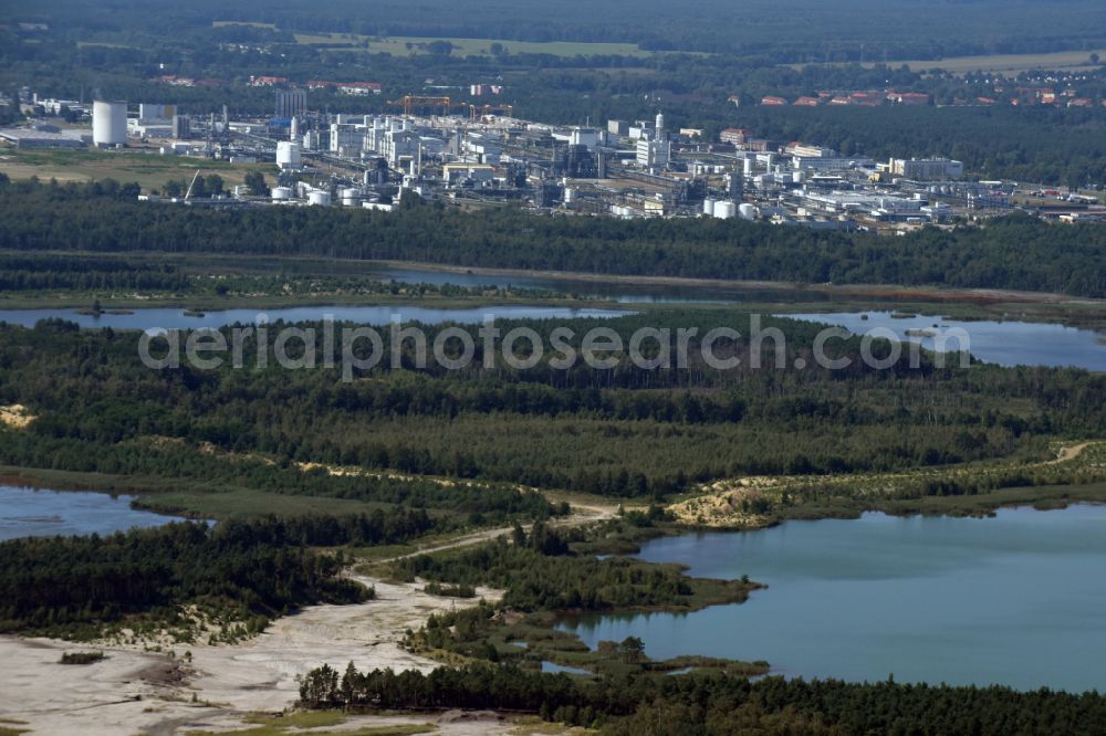 Schwarzheide from above - Building and production halls on the premises of the chemical manufacturers BASF Schwarzheide GmbH on street Schipkauer Strasse in Schwarzheide in the state Brandenburg, Germany