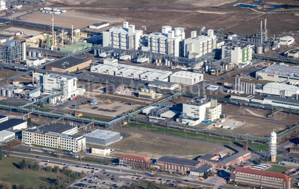 Schwarzheide from above - Building and production halls on the premises of the chemical manufacturers BASF Schwarzheide GmbH on street Schipkauer Strasse in Schwarzheide in the state Brandenburg, Germany