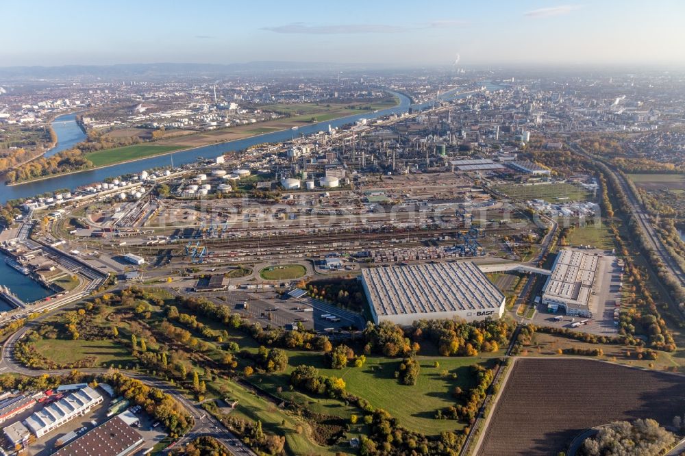 Ludwigshafen am Rhein from above - Building and production halls on the premises of the chemical manufacturers BASF (nothern door 15 at cargo rail terminal) in Ludwigshafen am Rhein in the state Rhineland-Palatinate, Germany