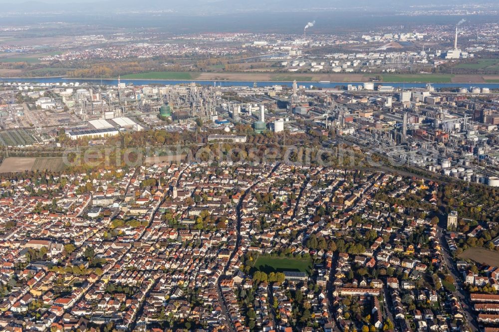 Ludwigshafen am Rhein from the bird's eye view: Building and production halls on the premises of the chemical manufacturers BASF in the district Oppau in Ludwigshafen am Rhein in the state Rhineland-Palatinate, Germany