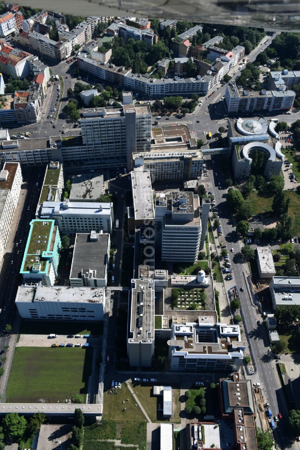 Berlin from above - Building and production halls on the premises of the chemical manufacturers of Bayer Pharma AG on Muellerstrasse in the district Wedding in Berlin, Germany