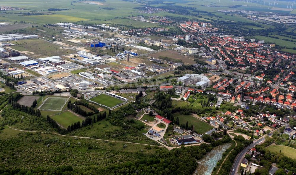 Wolfen from above - Building and production halls on the premises of the chemical manufacturers Chemiepark Bitterfeld - Wolfen in Wolfen in the state Saxony-Anhalt, Germany