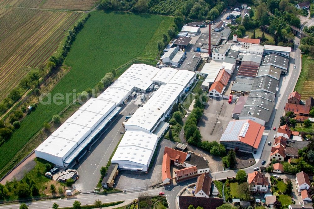 Kleinkarlbach from above - Building and production halls on the premises of the chemical manufacturers Gechem GmbH & Co KG in the district Neuleiningen-Tal in Kleinkarlbach in the state Rhineland-Palatinate, Germany