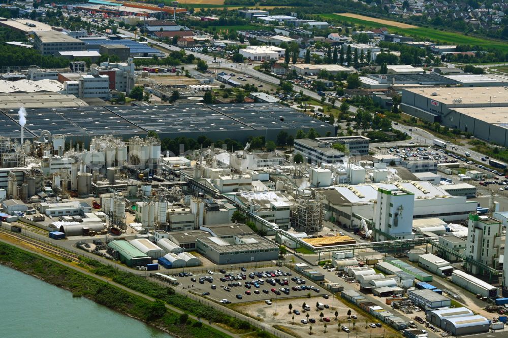 Aerial image Worms - Building and production halls on the premises of the chemical manufacturers Grace GmbH & Co KG in Worms in the state Rhineland-Palatinate, Germany