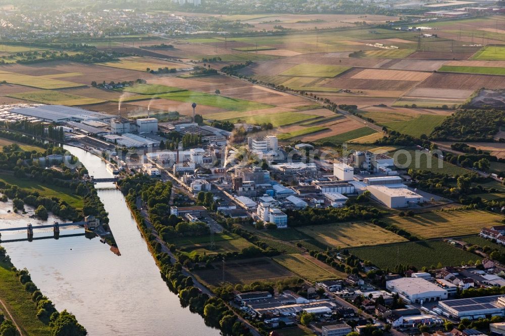 Ladenburg from above - Building and production halls on the premises of the chemical manufacturers ICL Germany Ladenburg / BK Giulini GmbH on Neckar in Ladenburg in the state Baden-Wurttemberg, Germany