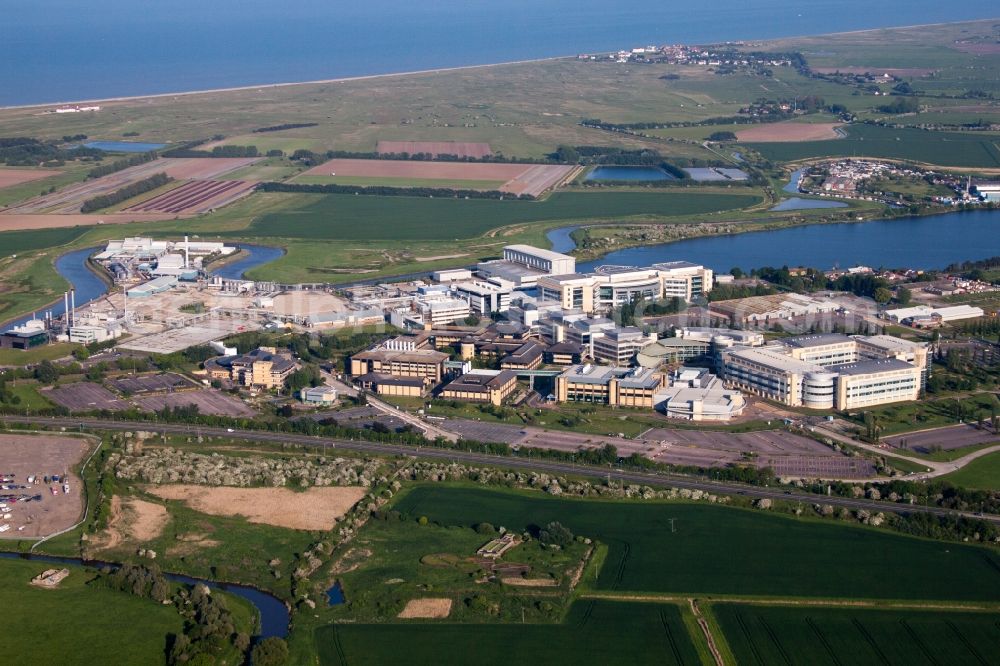 Aerial image Sandwich - Building and production halls on the premises of the chemical manufacturers Pfizer Ltd and Discovery Park in Sandwich in England, United Kingdom